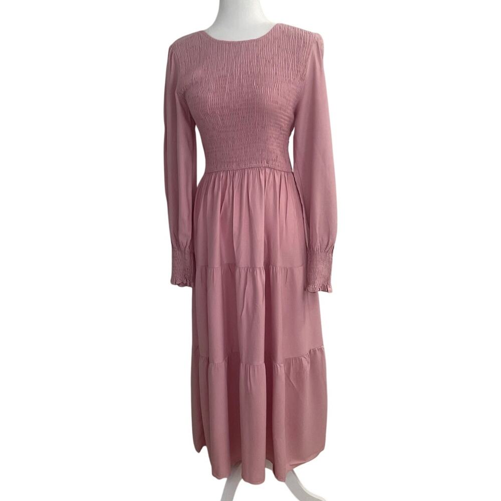 ZESICA Pink Smocked 
Midi  Dress Tiered High Waisted Boho Cottagecore Sz Large
